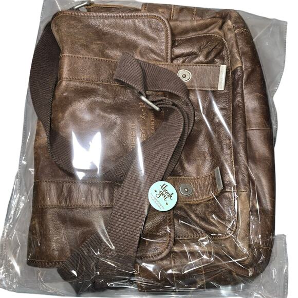 Vintage Fossil Brown Leather Distressed Laptop Computer Shoulder Bag 18x12x4 - Picture 9 of 10